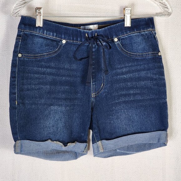 Just Be Dark Wash Drawstring Waist Stretch Denim Shorts with Cuff Detail Size S - Picture 1 of 16